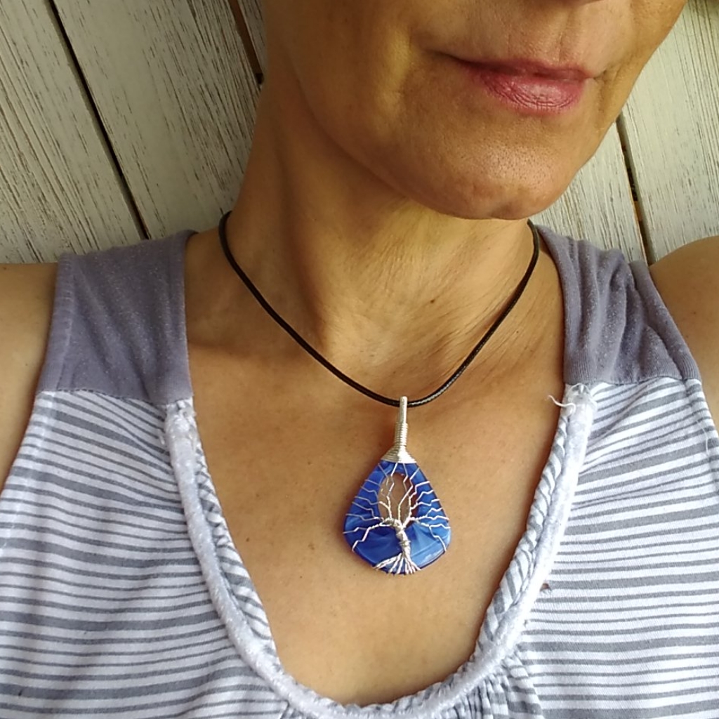Blue AgateSilver Wrapped Tree Of Life Necklace 55$